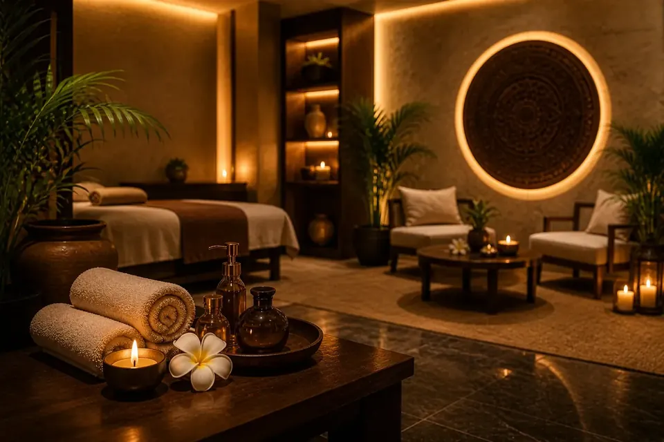 Treatment room with lanterns and a carved wooden screen