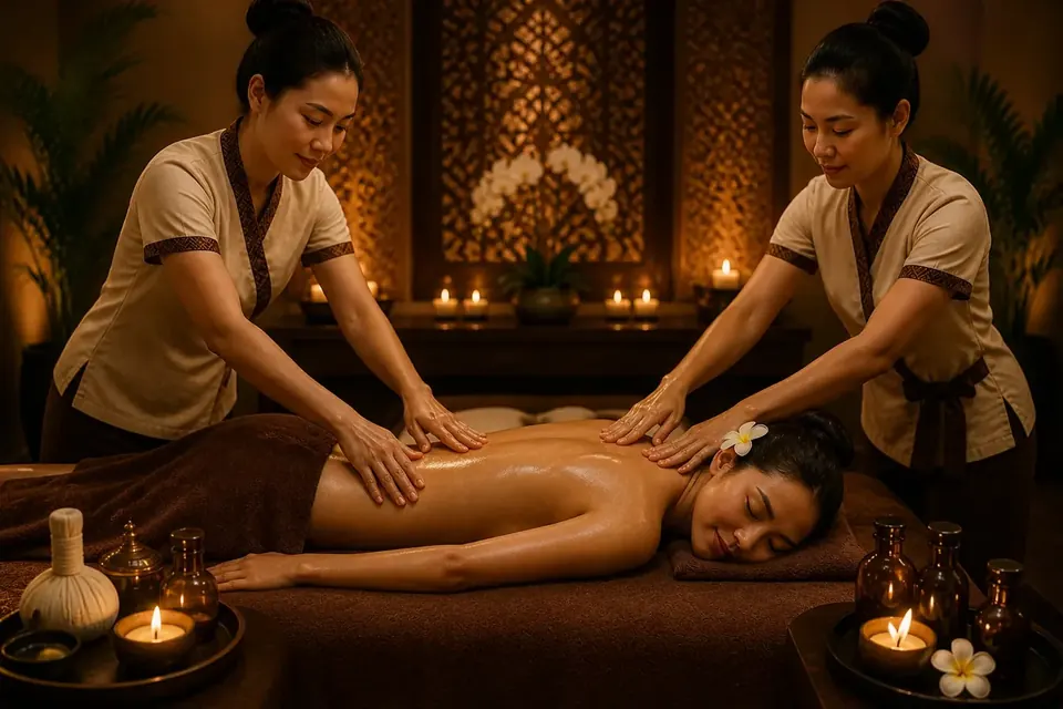 Four-hand massage in a private treatment room