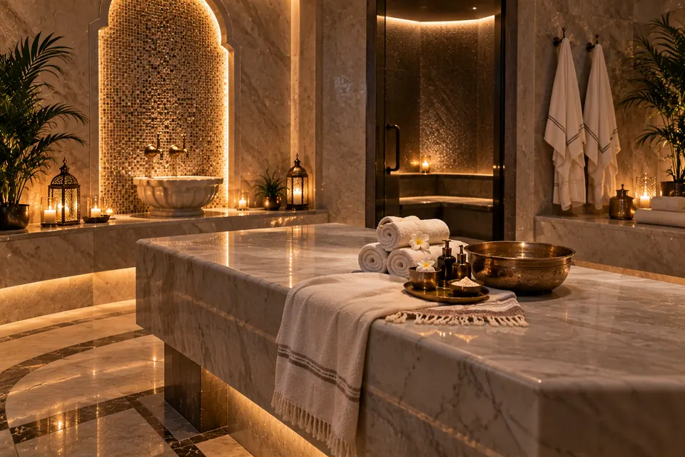 Marble slab in the Moroccan bath wet room