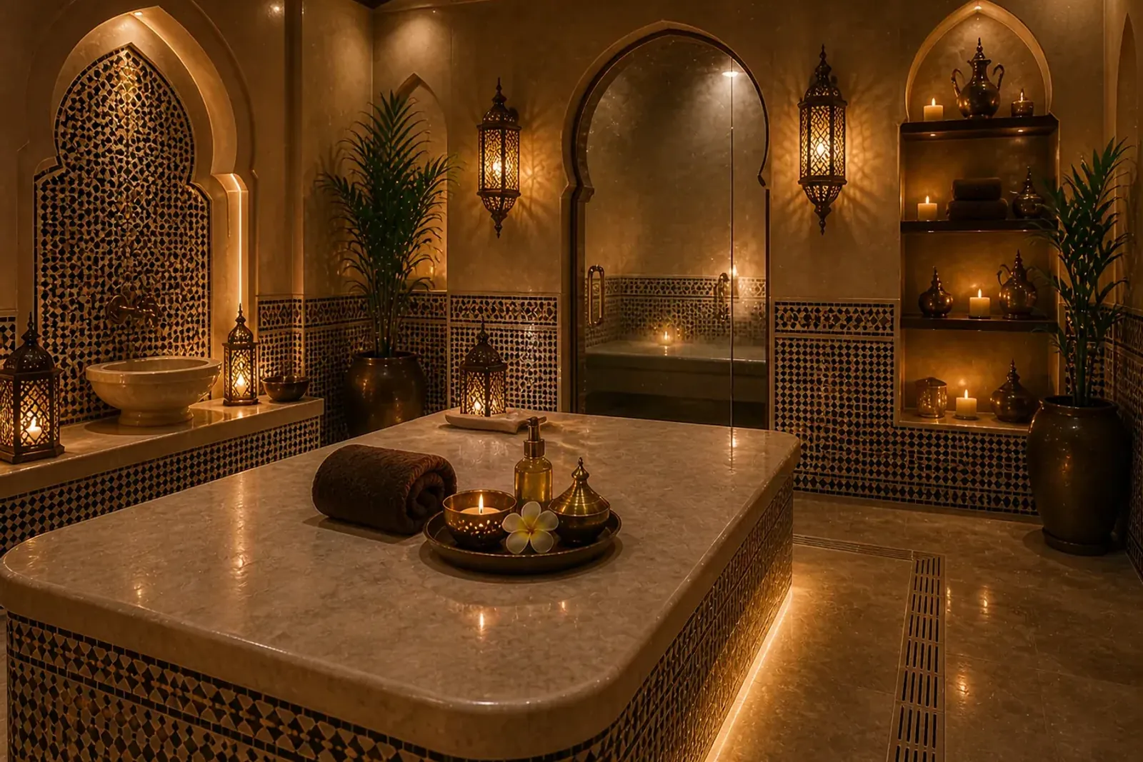 Mosaic-tiled Moroccan hammam suite with lantern lighting