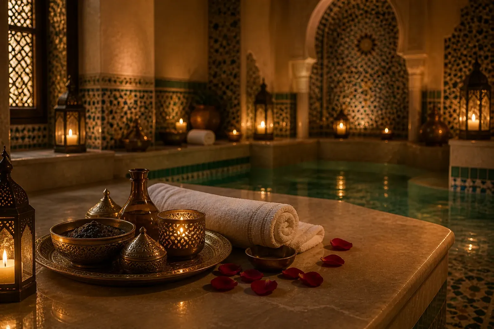 Traditional Moroccan bath and hammam room at Vessa Thai Spa with mosaic tiling and lantern lighting