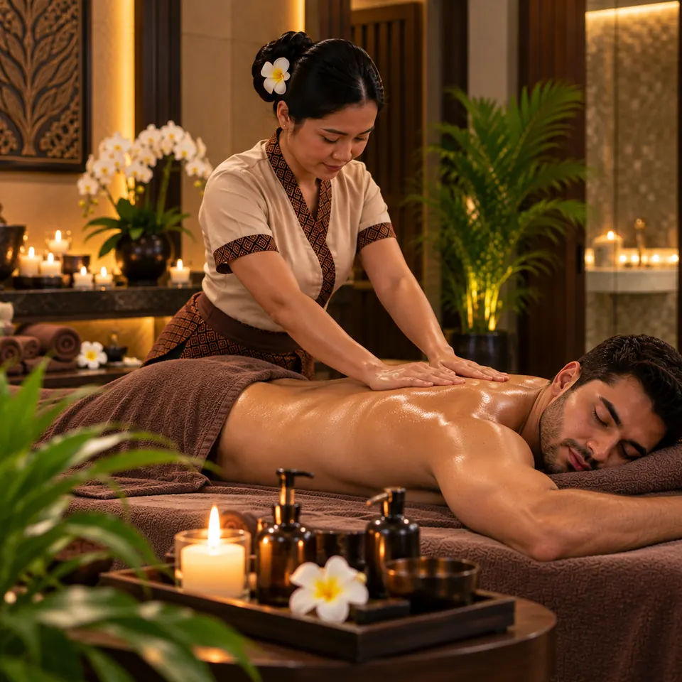 Warm oil massage with long, flowing strokes across the back