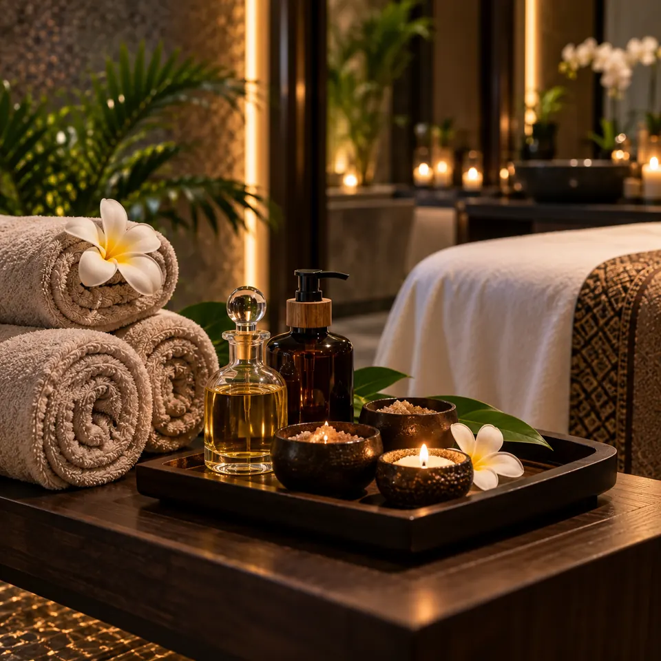 Massage oils and rolled towels set out before a treatment
