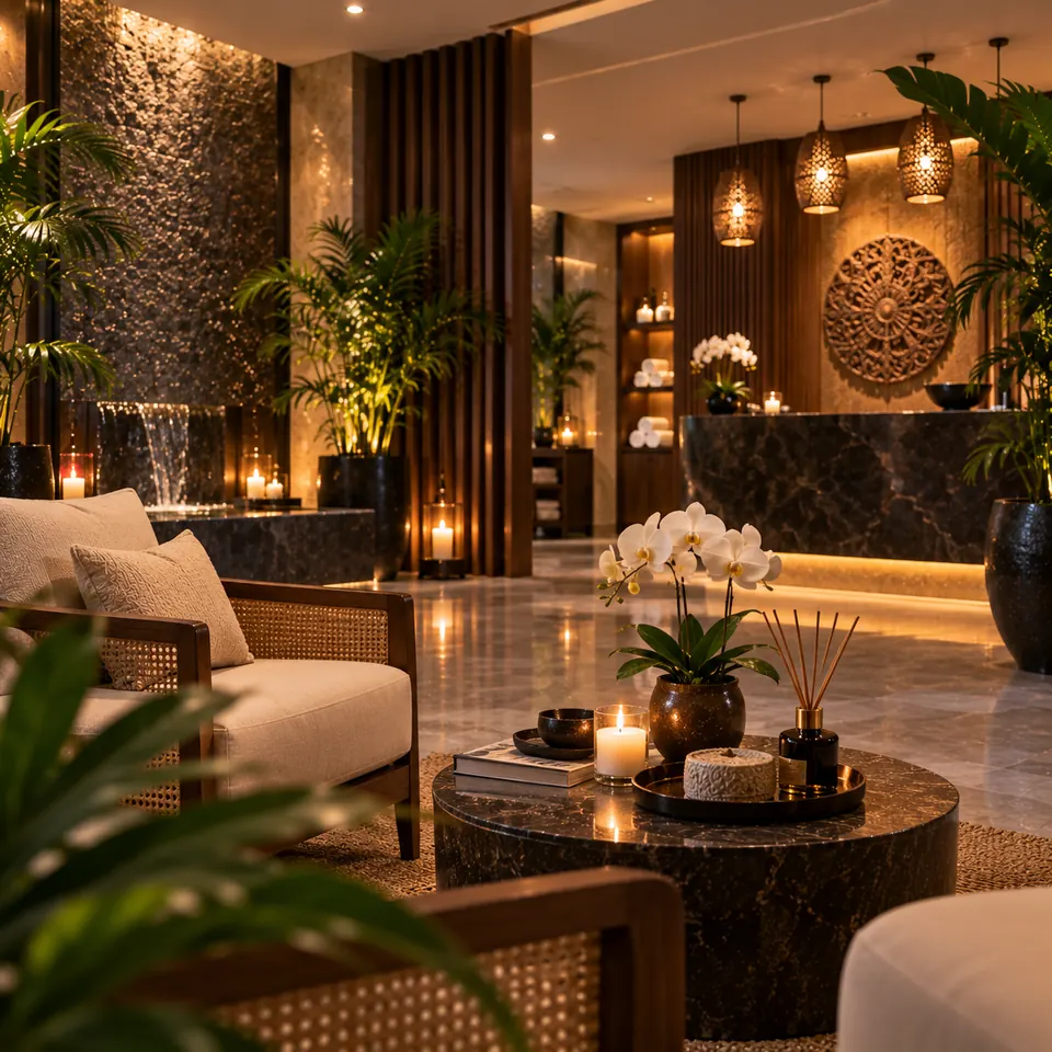 Reception seating with orchids and tea service