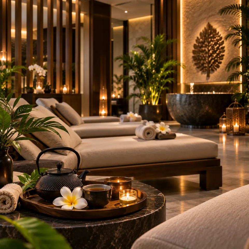 Loungers with tea for resting after a treatment