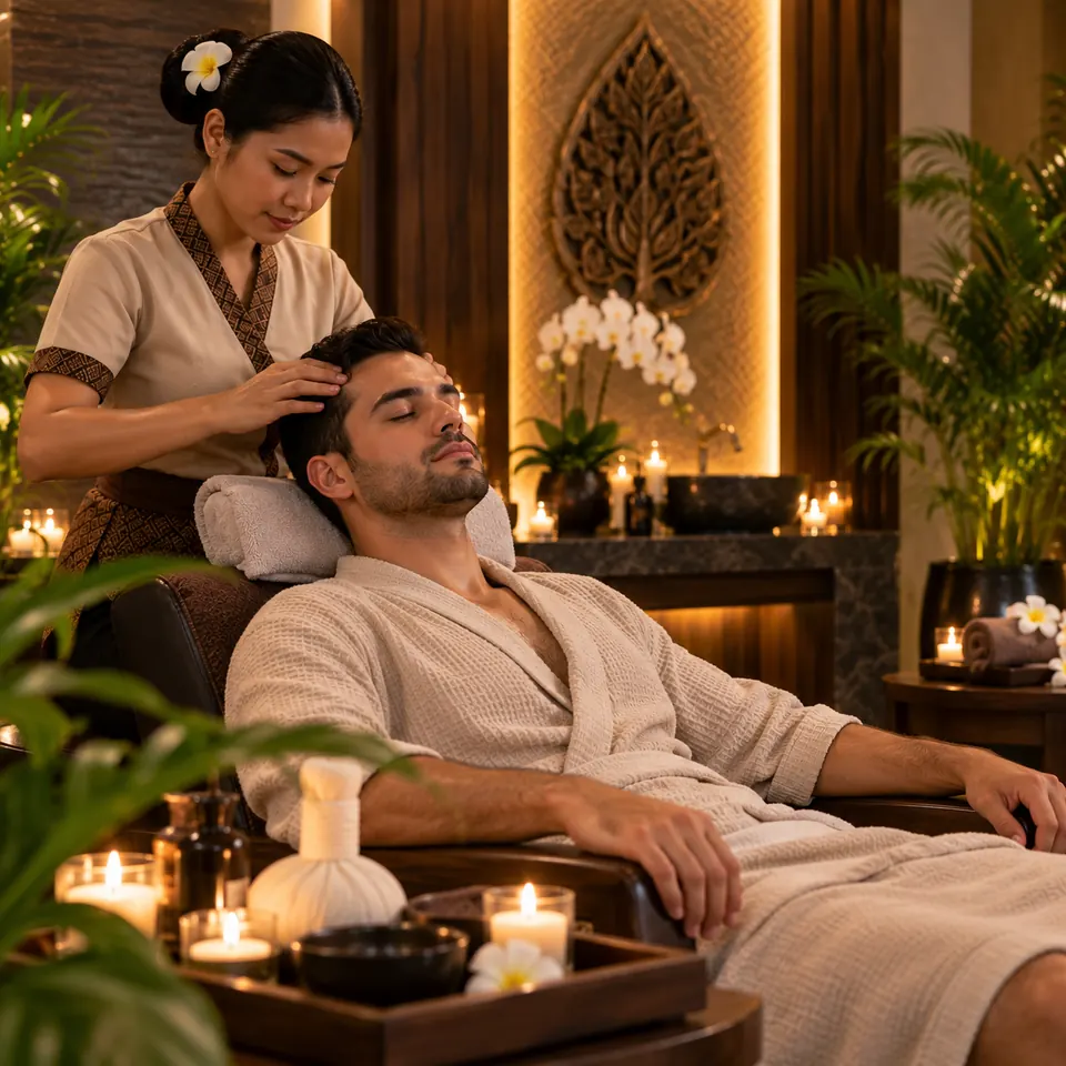 Guest resting during a neck and scalp massage