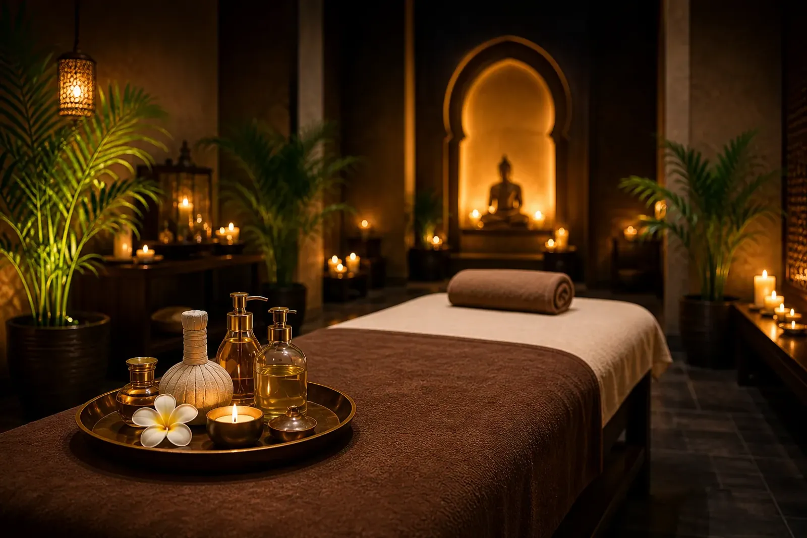 Swedish massage room at Vessa Thai Spa with a prepared bed, candles and soft lighting