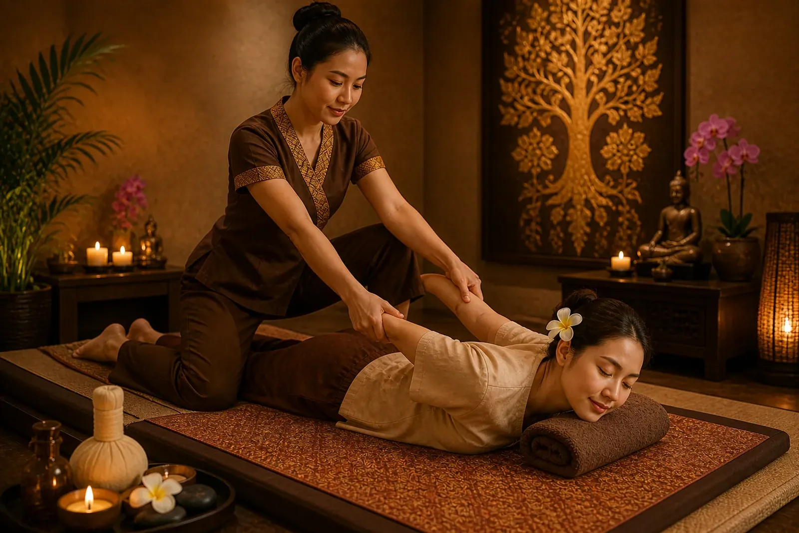 Candlelit Thai massage room at Vessa Thai Spa with herbal compress and massage oils on a brass tray