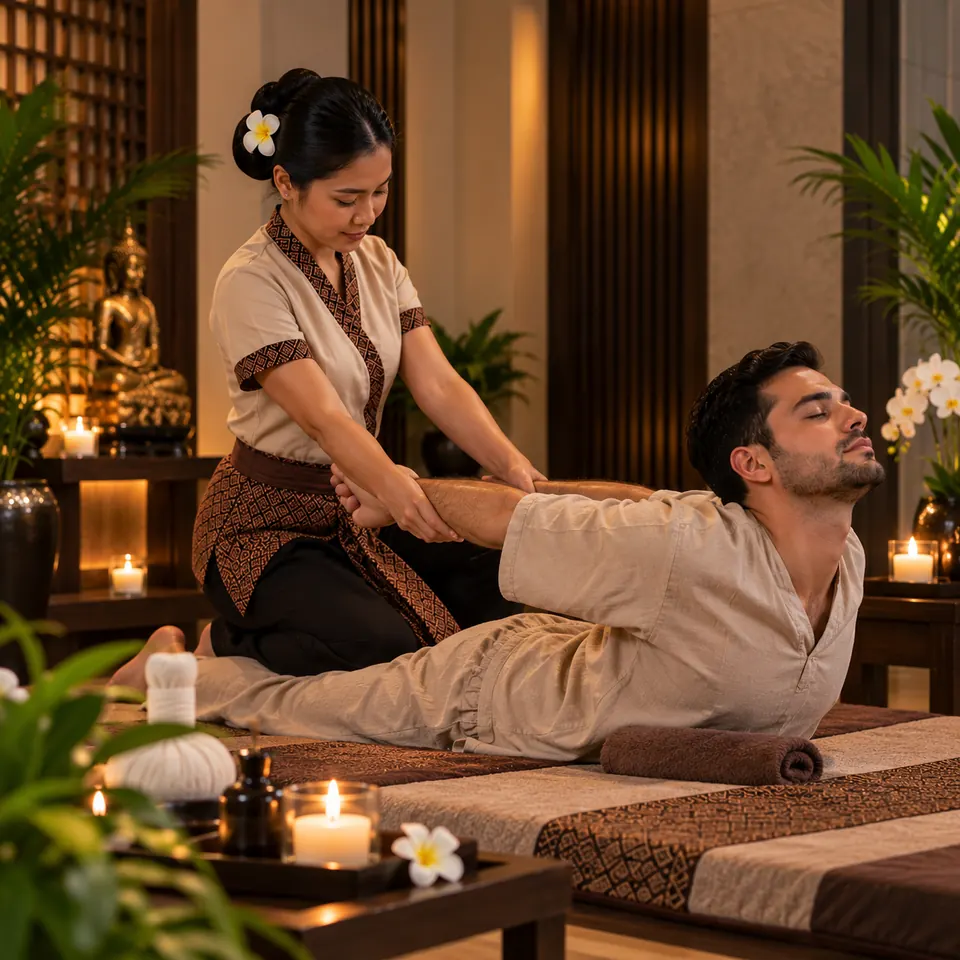Therapist guiding a guest through an assisted Thai massage stretch on a floor mat